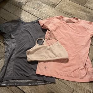 Athleta girl bundle. light pink bra, light pink shirt, camp and green shirt